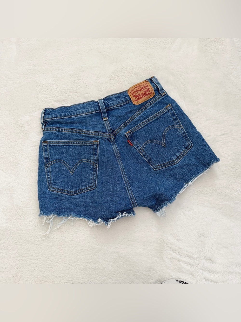 Levi's Dark Blue Frayed Hem Denim Shorts - Picture 2 of 8